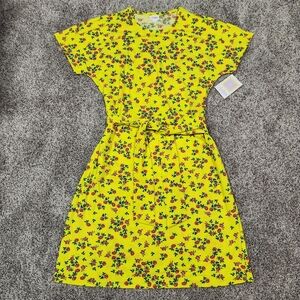 LuLaRoe Marly Neon Yellow Floral Print Belted Midi Dress With Pockets